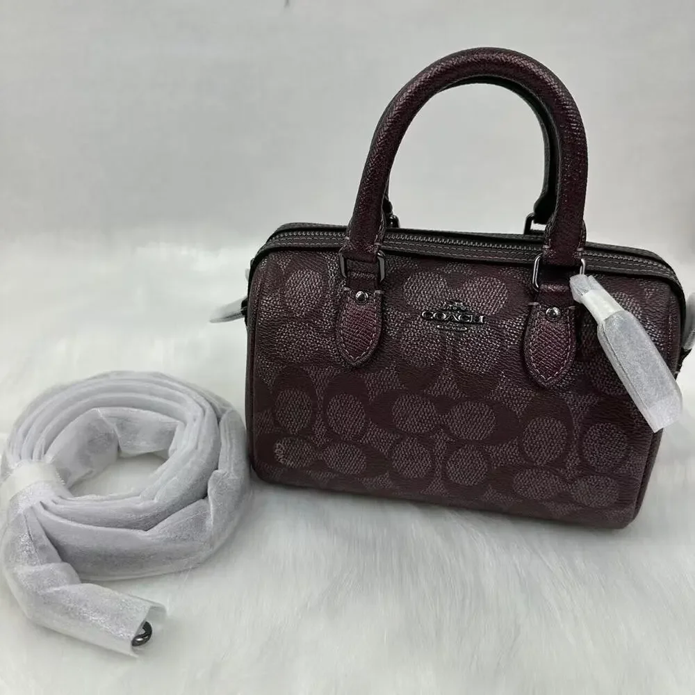 Coach Boxed Set Mini Rowan Crossbody Bag Mirror Charm Signature Canvas Wine NWT - Picture 8 of 13
